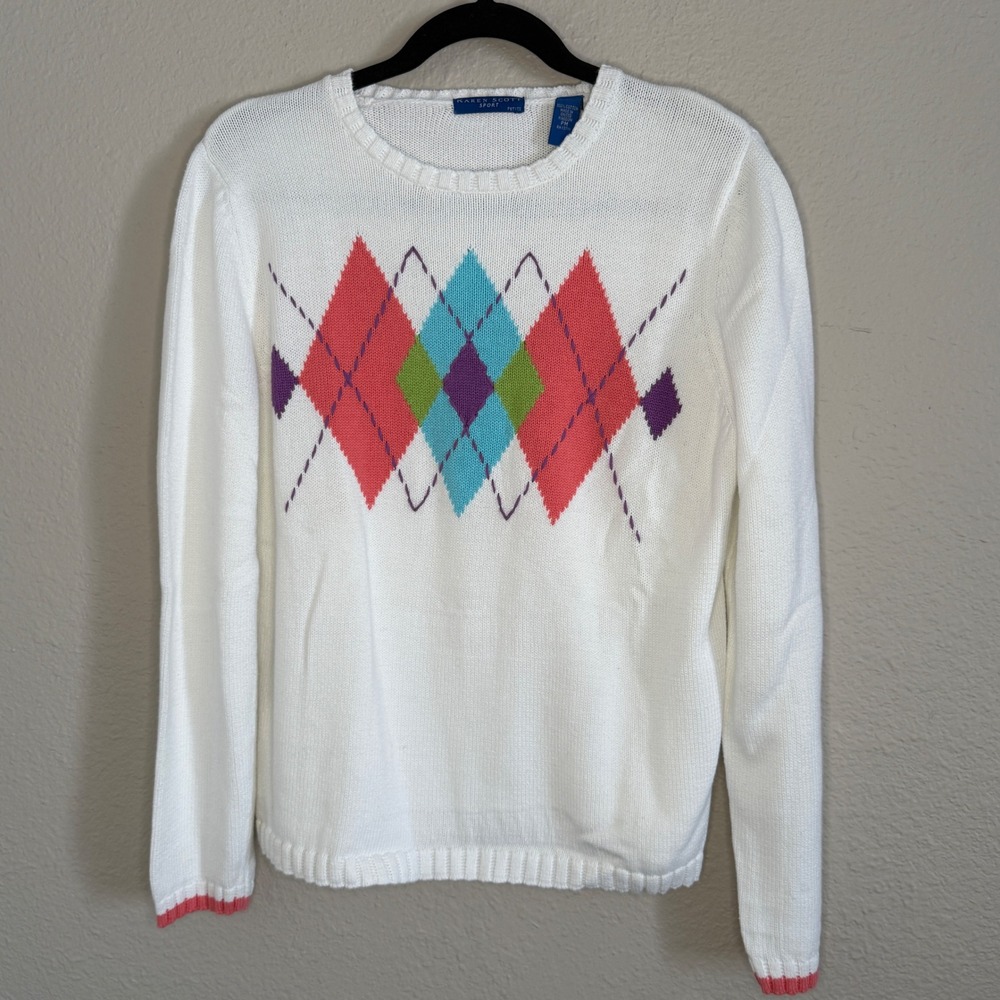 Womens Petite Medium White Argyle Heavy Sweater Tennis Prep Academic Blair Cozy‎